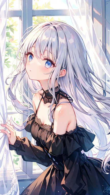 pretty girl, black dress, open shoulder, Lace skirt, silver hair, From the side, long hair, look up, messy hair, window, curtain, sunlight, shiny hair