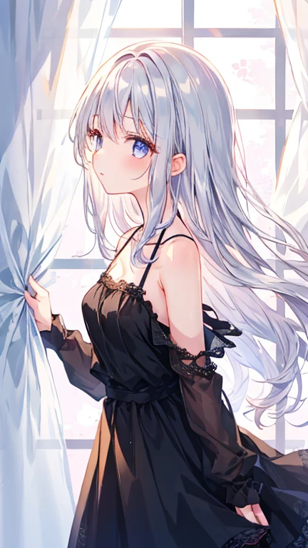 pretty girl, black dress, open shoulder, Lace skirt, silver hair, From the side, long hair, look up, messy hair, window, curtain, sunlight, shiny hair