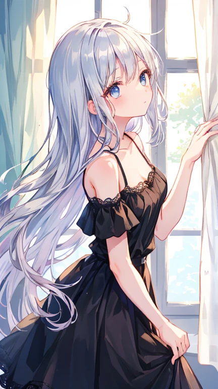 pretty girl, black dress, open shoulder, Lace skirt, silver hair, From the side, long hair, look up, messy hair, window, curtain, sunlight, shiny hair