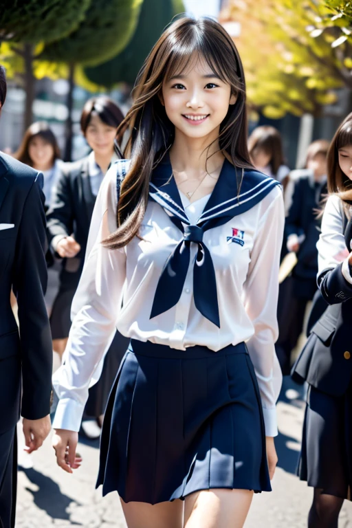 Japan idle style, medium length hair, black hair cascades down the back, High school girl in uniform, Sailor uniform that emphasizes your slender figure, medium meat, Radiant smile, commuting to school in a crowded crowd, beautiful, perfect skin shining in the sun, her young々Full body photo that captures the new essence.delicate skin、