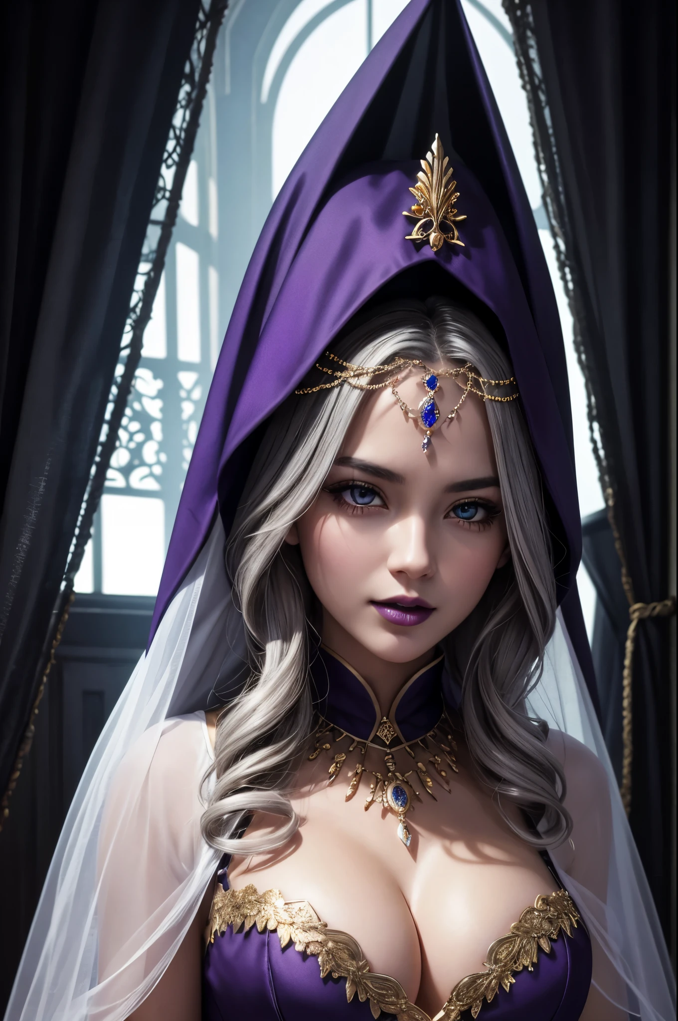 8K,超realistic,(table top, highest quality) Daniela Dimitrescu, 1 female, gray hair,looking for at Viewer, open your mouth, blonde hair, background, cleavage, skin that looks real,jewelry, Medium Small Breasted, 超sexyな外装, looking for,flower, wing, teeth and fangs, hood, necklace, cape, good, compensate, bug, Lipstick, inside the black cave, precious stones, white skin, veil, hood up, realistic, black lips,Super high resolution,Purple Flame(Purple effect),very big breasts,rich colors, Backlight, cinematic lighting, film grain, born, 50mm lens, Nikon D850,realistic skin,golden eyes,sexy,Inside the dark castle,perspective from above,