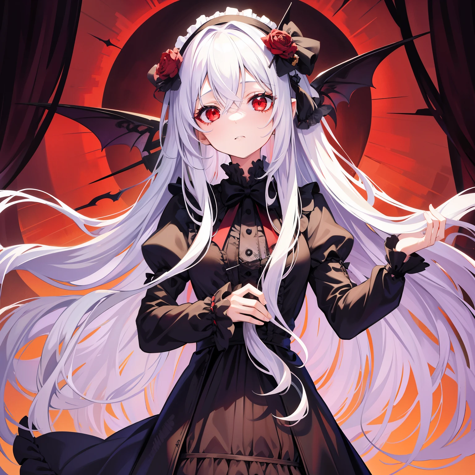 best quality, absurdity, 1girl, solo, very long hair, wavy hair, intricated hair, detailed hair, highres hair, gothic ta, monster girl, red eyes, zombie, mummified