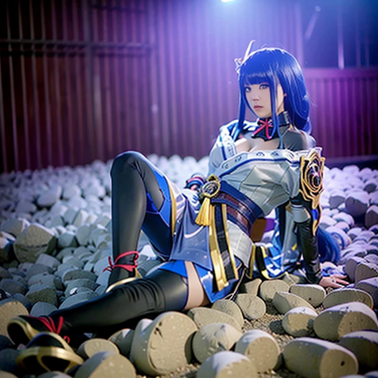 Arafe woman sitting on the ground wearing a blue shirt and black boots, anime girl cosplay, professional cosplay, anime cosplay, Inspired by Ren Mei, cosplay photo, cosplay, ayaka cosplay, league of legends senna, full-cosplay, realistic cosplay, pharah from overwatch, as an overwatch character, sakimichan frank franzzeta
