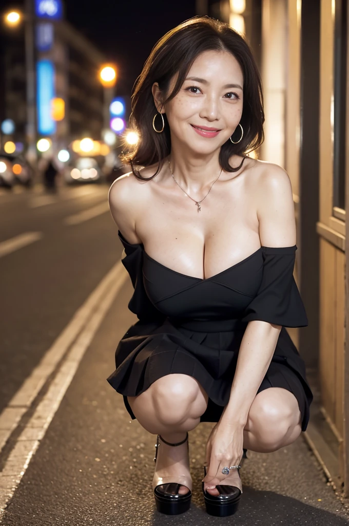 masterpiece, best quality, 16K, city, old woman, happy, smiling, (squatting), ((legs spread)), looking at viewer, front view, long hair, wave hair, black hair, eyes open, (large breasts:1.28), (wrinkles corners eyes:1.38), (nasolabial:1.38), (old skin:1.38), wrinkles skin, freckled skin, pale skin, (old muscles:1.2), plump, (mini skirt), (off shoulder top), (high-heels), piercing, necklace, freckles, chubby, elderly, old, japanese, outside, in the city, at night, nsfw, full body shot, from front