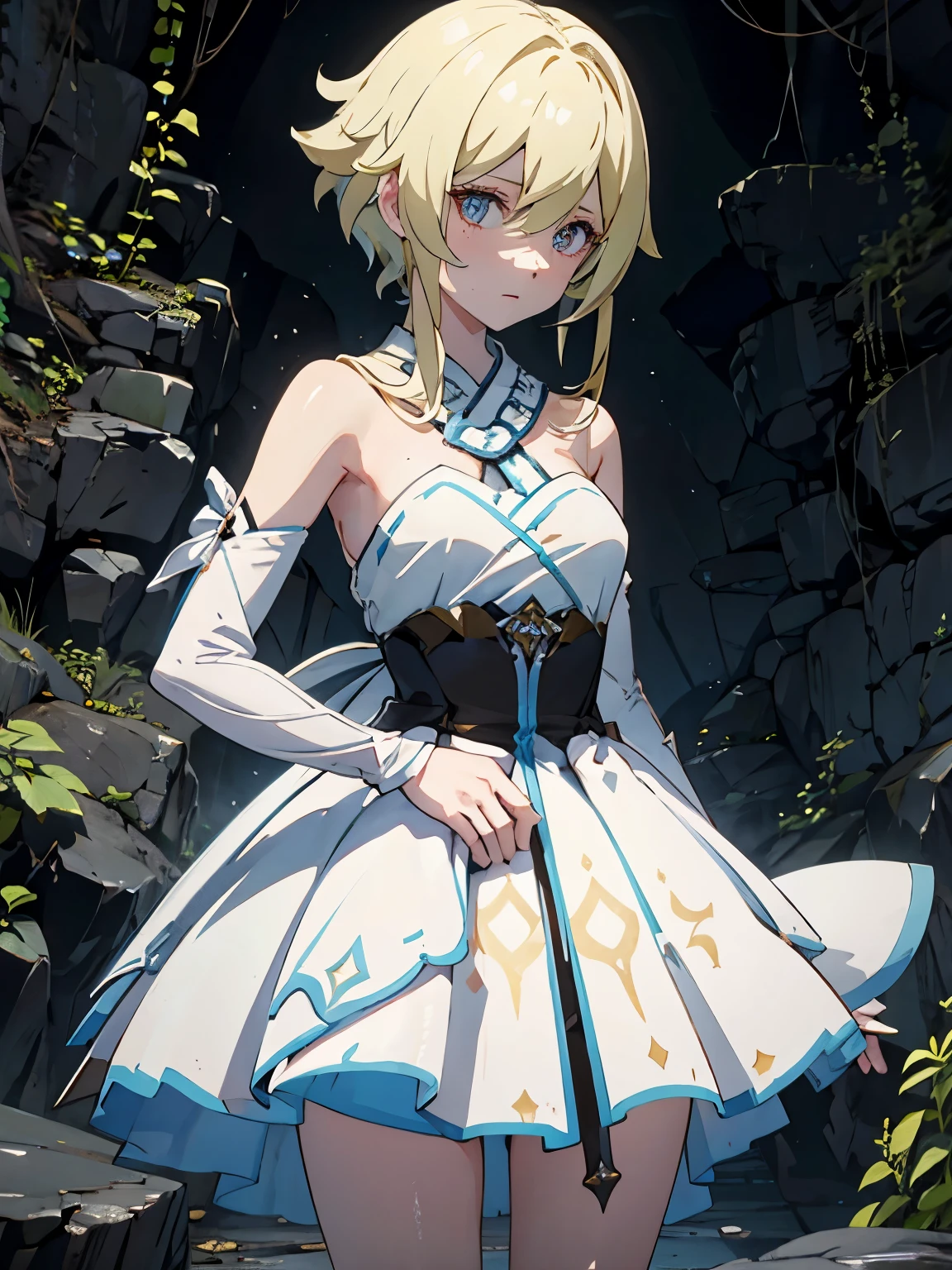 { masterpiece } { Background = Horror theme : in a dark creepy cave } { Character = Lumine (Genshin Impact) : fit body : blonde hair : white dress : looking around : holding sword : scared : nervous : sweating }