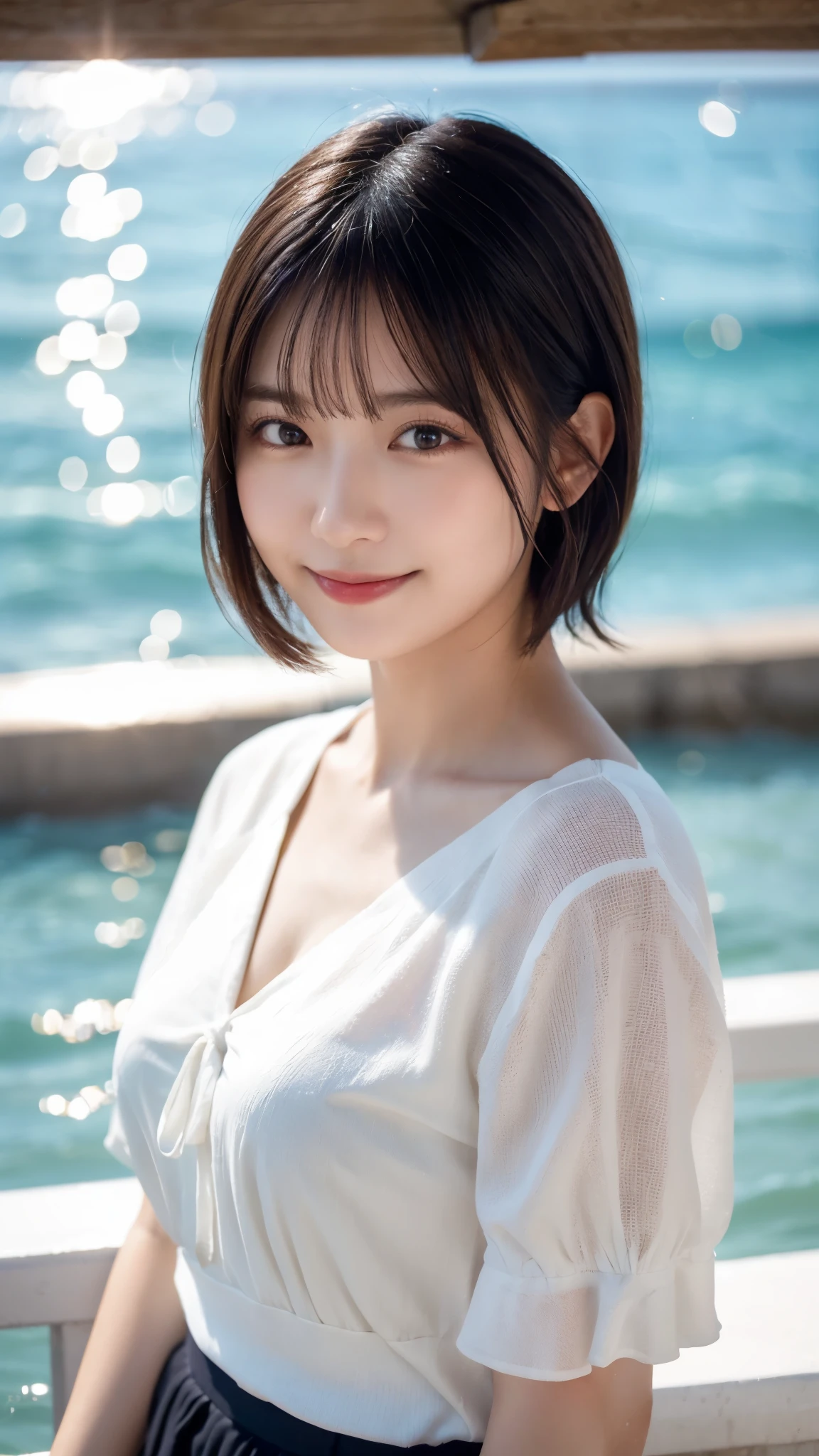 (highest quality,masterpiece:1.3,ultra high resolution),(Super detailed,caustics,8k),(photorealistic:1.4,RAW shooting),Japanese,28 years old,cute,Smiling and looking at the camera,Black hair fluttering in the wind,short hair,duck mouth,natural makeup,big ,white blouse,bust up shot,The sea sparkles reflecting the sunlight,warm light,Natural light,professional writing