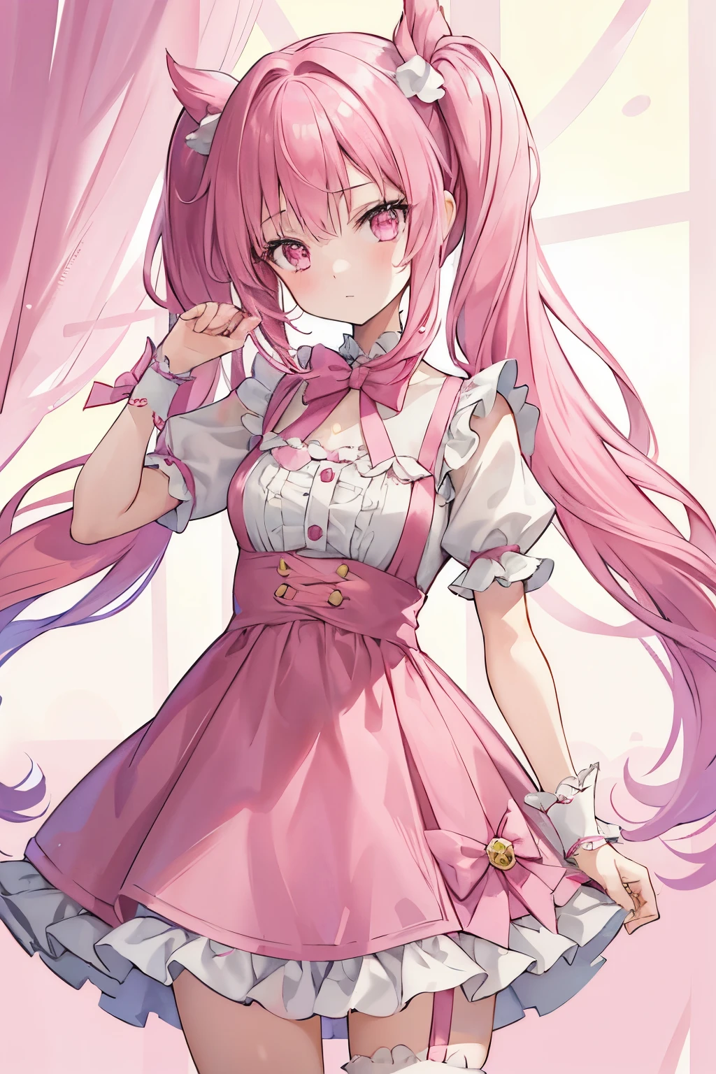 1girl, pink hair in twin tails, pink eyes, frilly pink dress, magical girl, absurdres, high res, ultrasharp, 8K, masterpiece, looking at viewer