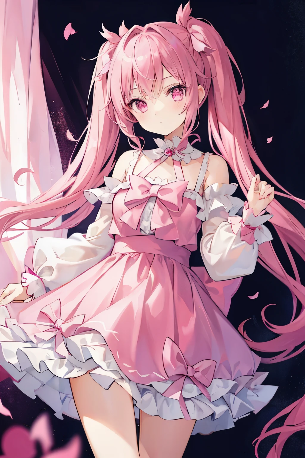 1girl, pink hair in twin tails, pink eyes, frilly pink dress, magical girl, absurdres, high res, ultrasharp, 8K, masterpiece, looking at viewer