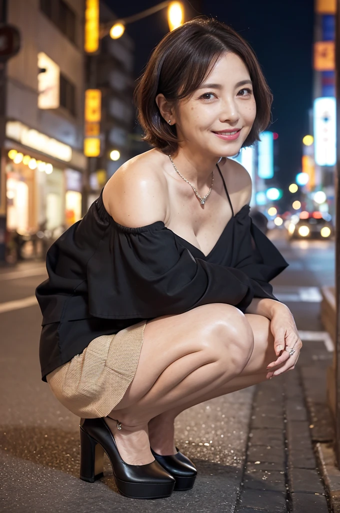 masterpiece, best quality, 16K, city, old woman, happy, smiling, (squatting), ((legs spread)), looking at viewer, front view, short hair, wave hair, black hair, eyes open, (large breasts:1.28), (wrinkles corners eyes:1.38), (nasolabial:1.38), (old skin:1.38), wrinkles skin, freckled skin, pale skin, (old muscles:1.2), plump, (mini skirt), (off shoulder top), (high-heels), piercing, necklace, freckles, chubby, elderly, old, japanese, outside, in the city, at night, nsfw, full body shot, from front