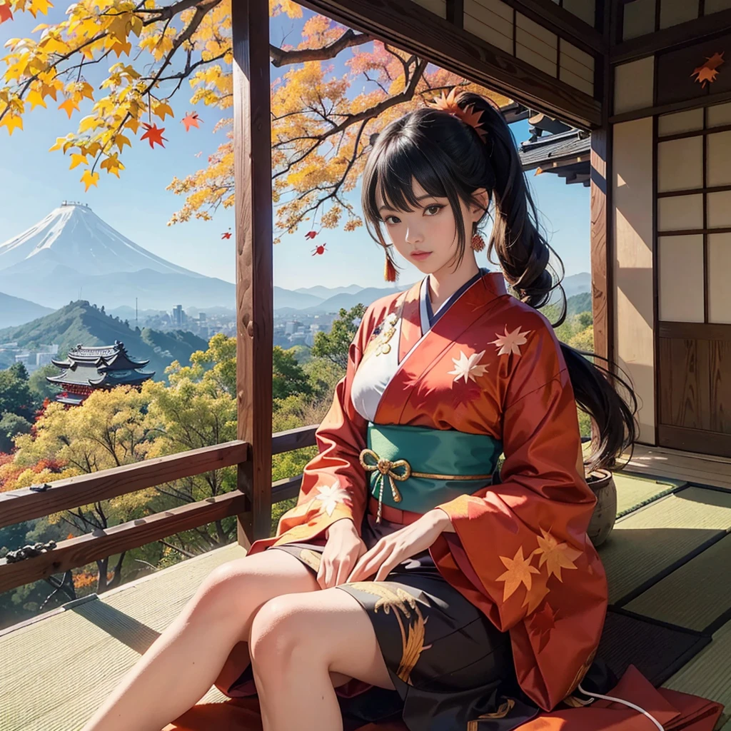 BRAEK,Background of details(a park(I can see the mountains(Colored leaves))),BREAK,elaborate costume{Luxury kimono(Colorful kimono(detailed embroidery,))}、1womanl(Japanese actressl:1.2)(face perfect(Shy):1.2),Depicting a beautiful and classy adult woman,glossy dark hair(poneyTail:1.2),Heart in the eye, Wallpapers 16K,Blur the background with a sickle,((masutepiece)), ((Best Quality)),{{a portrait photo of}},full body Esbian