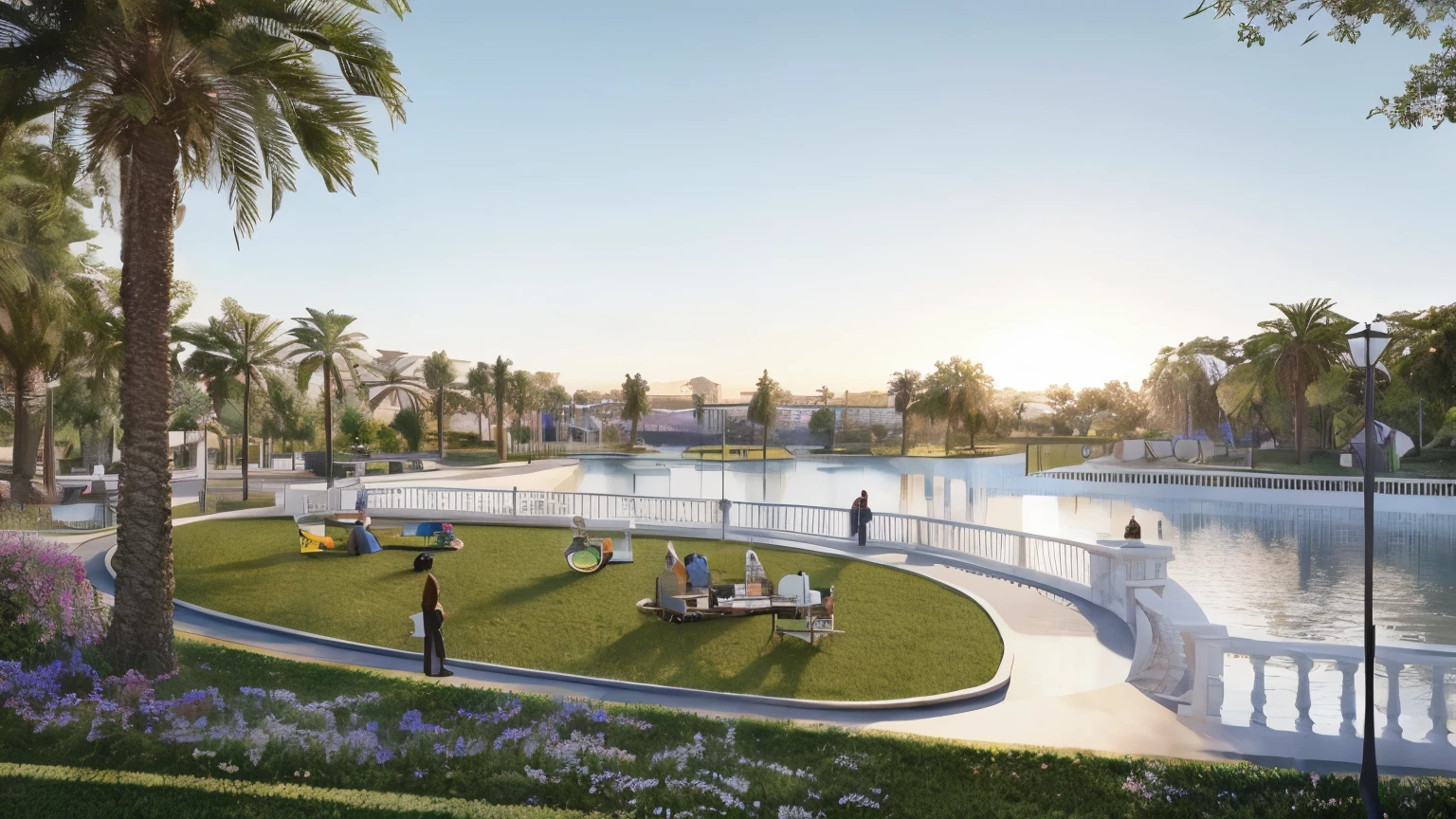 people are relaxing in the park near a lake and palm trees, beautiful image, perspective shot, realistic scene, royal garden landscape, artistic pose, detailed scenic view, hyper-realistic, hyper - realistic, artistic impression, a hyper realistic, ( ultra realistic, photo from 2022, close portrait, detailed scene, beautiful view, detailed rendering, artistic render