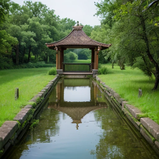 (best quality,masterpiece:1.2,8K),ultra-detailed,a realistic torii gate,shrine,lotus leaves:3,water lilies:3,(mist,cloudy),forest,swamp