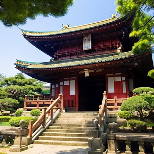 Sky background and Alafed Pagoda several steps above, pagoda, Big temple, japanese temples, pagoda with a lot of wind chimes, japanese temples, ancient japanese architecture, front side, Front view, kumamoto, full - view, inspired by Itō Jakuchū, front-facing view, sacred place, temple, front-facing view