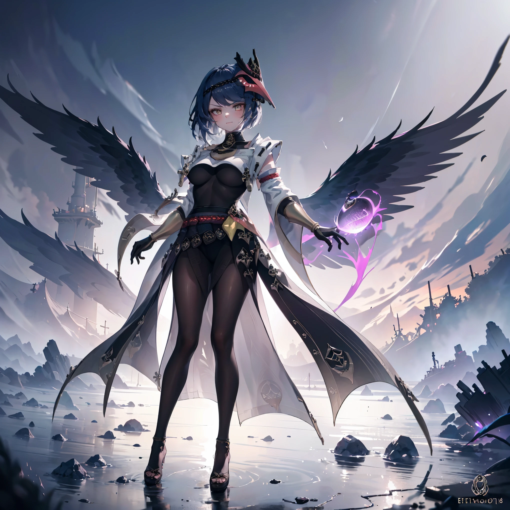 Kujou Sara |genshin impact, (Full body posing:1.5), (colorful:1.2), Dynamic angle, (extremely detailed CG unity 16k wallpaper:1.1), (Denoising strength: 1.45), (tmasterpiece:1.37), beautiful cute gothic dark magical girl in 17 years old with witch style, wearing witch hat, her magic is dark and purple glowing colored, evil, smiling an evil cute smile, magical glowing aura, powerful, ultra power, glowing power, magical power, cute white face, purple and red glowing magic, (incredible details, cinematic ultra wide angle, dark background, depth of failed, hyper detailed, insane details, high resolution, incredible quality, dynamic shot, starrystarscloudcolorful, Ambilight, ultra-high quality, (ultra detailed original illustration), double exposure, fussion of fluid abstract art, glitch, (original illustration composition), (maximalism artstyle, geometric artstyle, junk art), ((1girl:1.4)), (highly detailed beautiful face and eyes), eastern dragon, floating full body, hyper realistic, cinematic lighting, soft lighting, god rays, sparkle, masterpiece