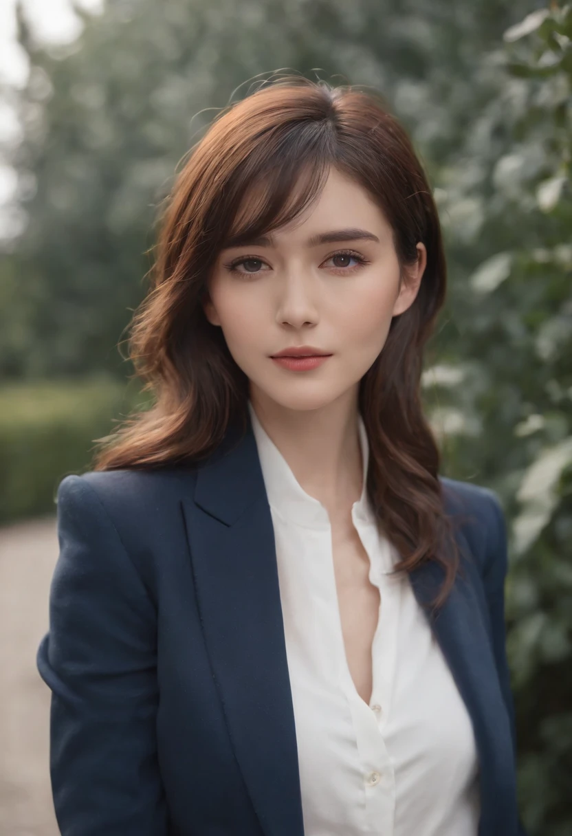 British woman in a suit、23 year old woman、Full body photo of a standing woman、hyper quality、High definition、real、photorealism、16k、4k、cinematic、white shirt、navy blue vest、Dark blue pants、navy blue setup、brown hair, Highlights, her hairstyle is a bowl cut,