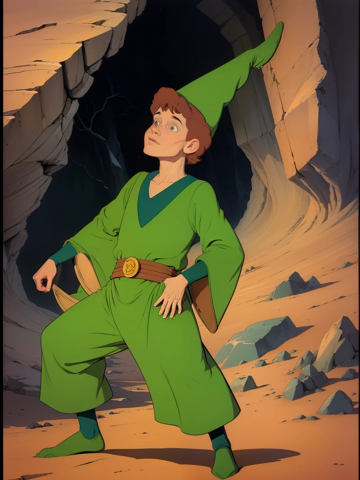 (((COMIC STYLE, CARTOON ART))). A comic-style image of Presto, 14 years old, with him as the central figure. He is standing, his hands (((holding a wizard's hat))). He wears a green suit. He has brown hair, brown eyes. He is surrounded by a dark cave, with rocks, crystals and dust. He has an insecure and shy expression, as if he is about to perform a magic trick.. D&D style . 