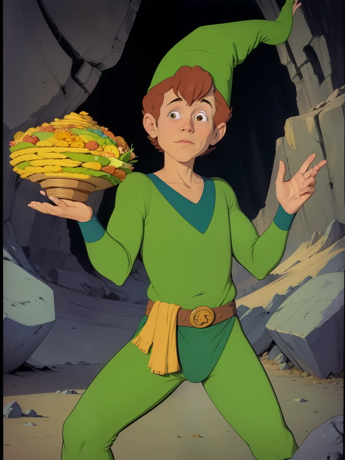 (((COMIC STYLE, CARTOON ART))). A comic-style image of Presto, 14 years old, with him as the central figure. He is standing, his hands (((holding a wizard's hat))). He wears a green suit. He has brown hair, brown eyes. He is surrounded by a dark cave, with rocks, crystals and dust. He has an insecure and shy expression, as if he is about to perform a magic trick.. D&D style . 