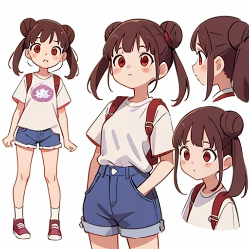 chiyoko sonoda, brown hair, (red eyes:1.5), hair bun, long hair, double bun, sidelocks, white background, purple jeans, shorts, white shirt, character sheet