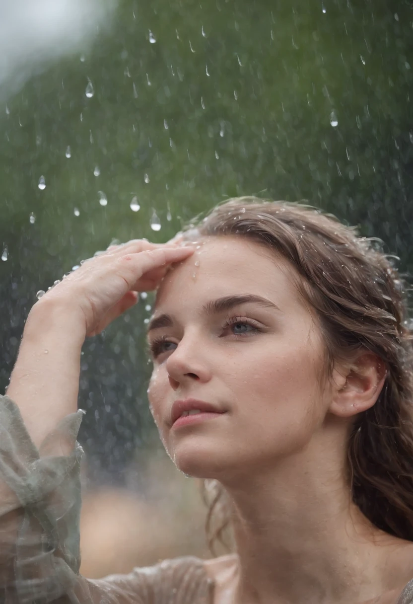 a close-up shot of the girl’s face, capturing the raindrops on her skin and the intensity of her emotions as she dances in the rain