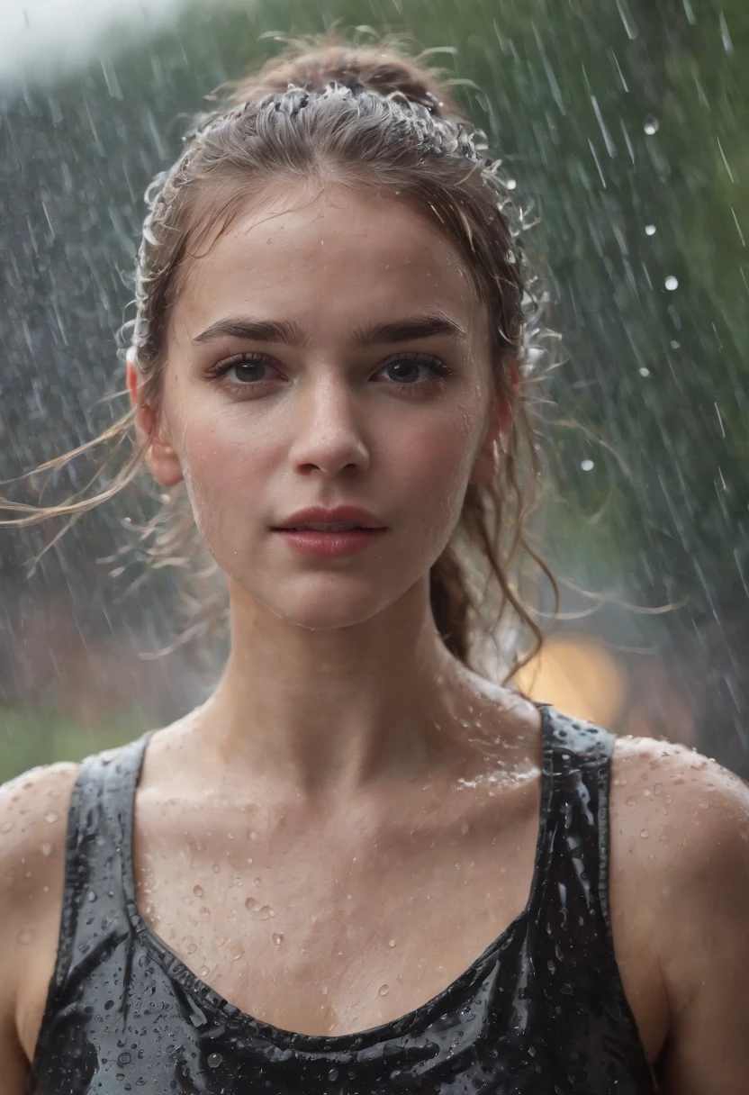 a close-up shot of the girl’s face, capturing the raindrops on her skin and the intensity of her emotions as she dances in the rain