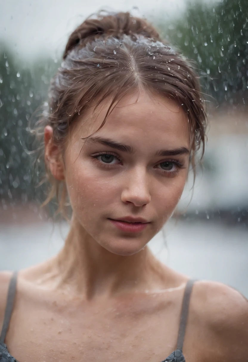 a close-up shot of the girl’s face, capturing the raindrops on her skin and the intensity of her emotions as she dances in the rain