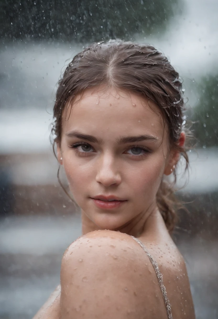 a close-up shot of the girl’s face, capturing the raindrops on her skin and the intensity of her emotions as she dances in the rain
