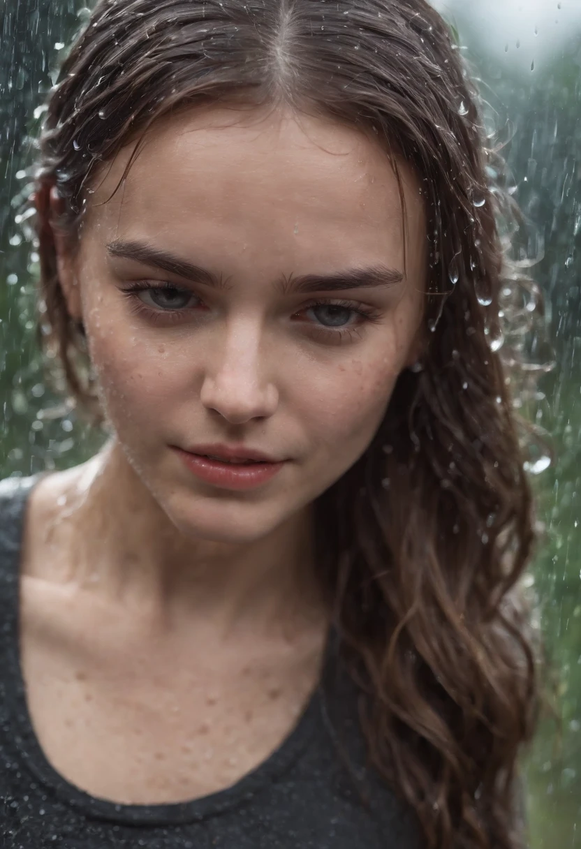 a close-up shot of the girl’s face, capturing the raindrops on her skin and the intensity of her emotions as she dances in the rain