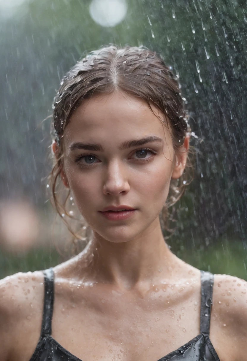 a close-up shot of the girl’s face, capturing the raindrops on her skin and the intensity of her emotions as she dances in the rain
