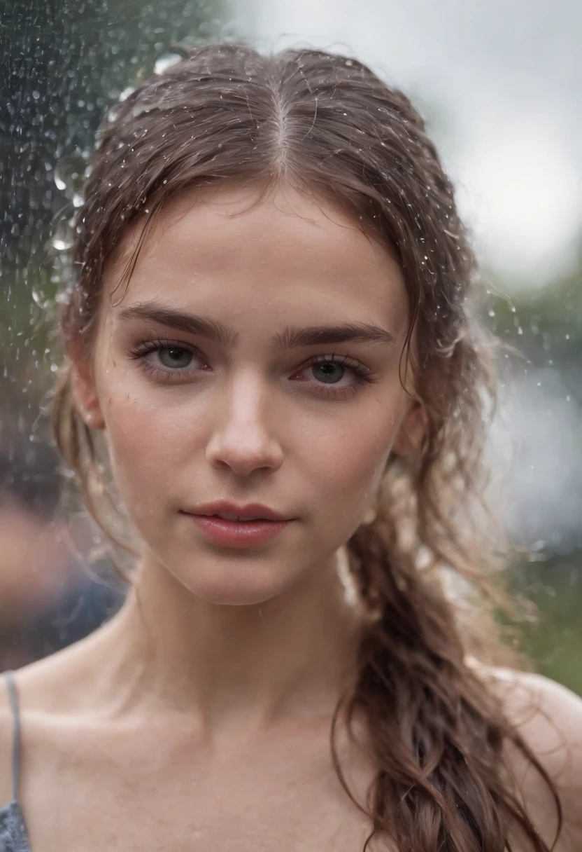 a close-up shot of the girl’s face, capturing the raindrops on her skin and the intensity of her emotions as she dances in the rain
