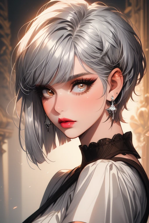 (best quality, masterpiece), 1girl, beautiful girl, brown_eyes, ((hair color [Silver hair], [pixie cut with bangs] hair)), earrings, lips, short sleeves,realistic, narrow waist, charming, colorful makeup, long eyelashes, fair skin, (cute), (detailed face), detailed eyes, detailed iris, 