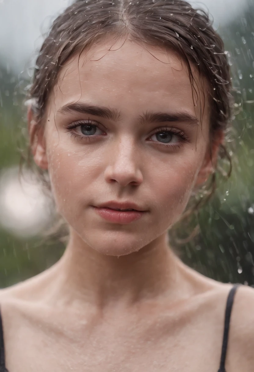 a close-up shot of the boy’s face, capturing the raindrops on her skin and the intensity of her emotions as she dances in the rain