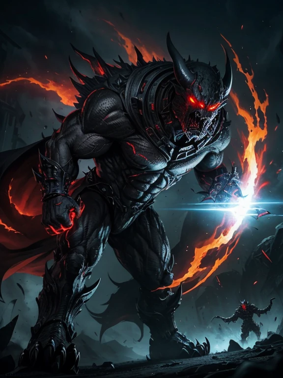 Imagine a fearsome creature, towering and humanoid in shape. Its colossal form exudes an aura of malevolence, instilling terror in all who lay eyes upon it. Its jet-black, impenetrable skin seems to absorb all light, as if a void has taken shape. Razor-sharp claws extend from its massive hands, capable of rending through steel and bone with ease. Glowing red eyes, filled with an unholy intelligence, pierce through the darkness, striking fear into the hearts of even the bravest souls. This indomitable monster, a harbinger of doom, possesses unmatched strength and power, a force that brings forth unparalleled devastation upon humanity."