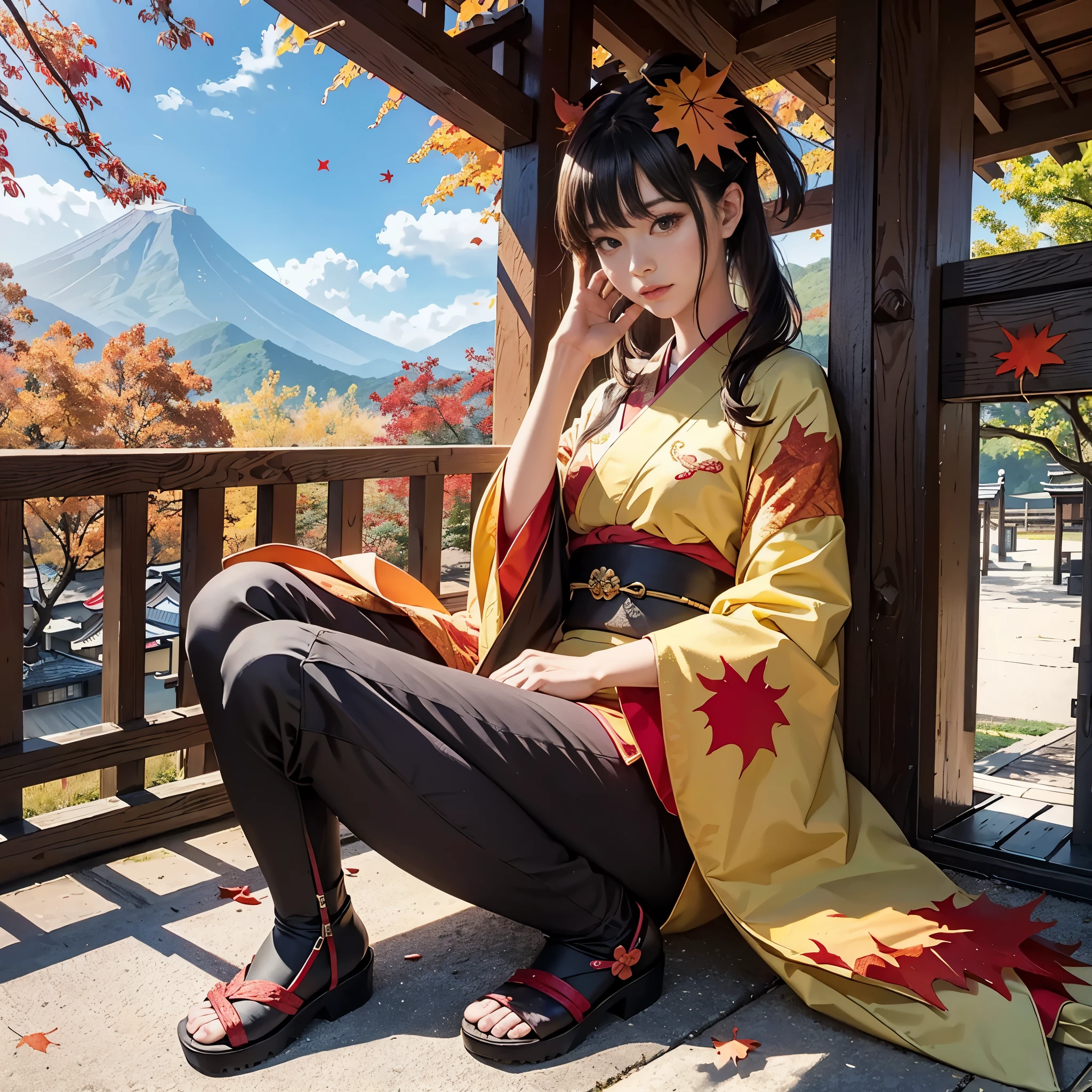 Background of details(the morning sun(mountainscape))(Kyoto in Japan(Colored leaves:1.5)),BREAK ,elaborate costume(Luxury kimono(Colorful kimono(detailed embroidery()))),BREAK,1 Beautiful and classy adult woman(Japanese actressl:1.2)(glossy dark hair(poneyTail:1.2))(Arms outstretched),BREAK,Wallpapers 16K,Blur the background,(masutepiece:1.5), (Best Quality:1.5),(Portrait photos:1.5),(full body Esbian:1.5)
