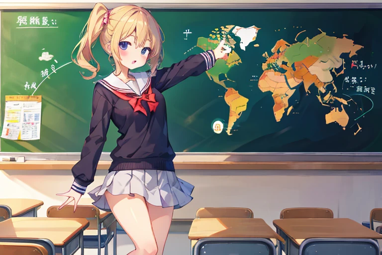 classroom、blackboard、blackboardに貼られた世界地図、High school girl in a very short skirt pointing at a map