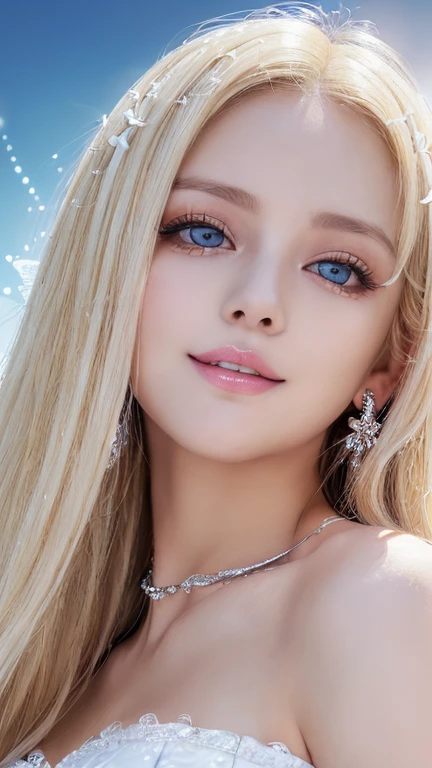 ((best quality:1.2, 8K, realistic photo:1.4, muste piece, back lighting, caustics, The ultimate beautiful blonde girl, Beautiful textures with great detail, detailed beauty makeup:1.2, Very white beautiful skin、Very beautiful bright light blue big eyes、very big eyes, blonde hair above one eye、blonde between the eyes、Detailed vandium thorax, (Canal background), ((White Fairy Costume )), (hair ornament), (naughty smile), (Detailed blonde and silver two-tone straight super long hair), ((round face)), (head tilt), From above , (wind)、small face beautiful girl、round face、cheek gloss highlight