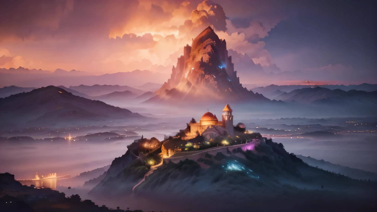 A breathtaking view of Eldoria's floating islands bathed in magical light, cinematic, in hues of pink and amber, detailed face, 8k, sharp focus, beautifully lit buildings, at evening during rain, beautiful and aesthetic, photography, cinematic, 8k, high detailed ((Heavy rain)))