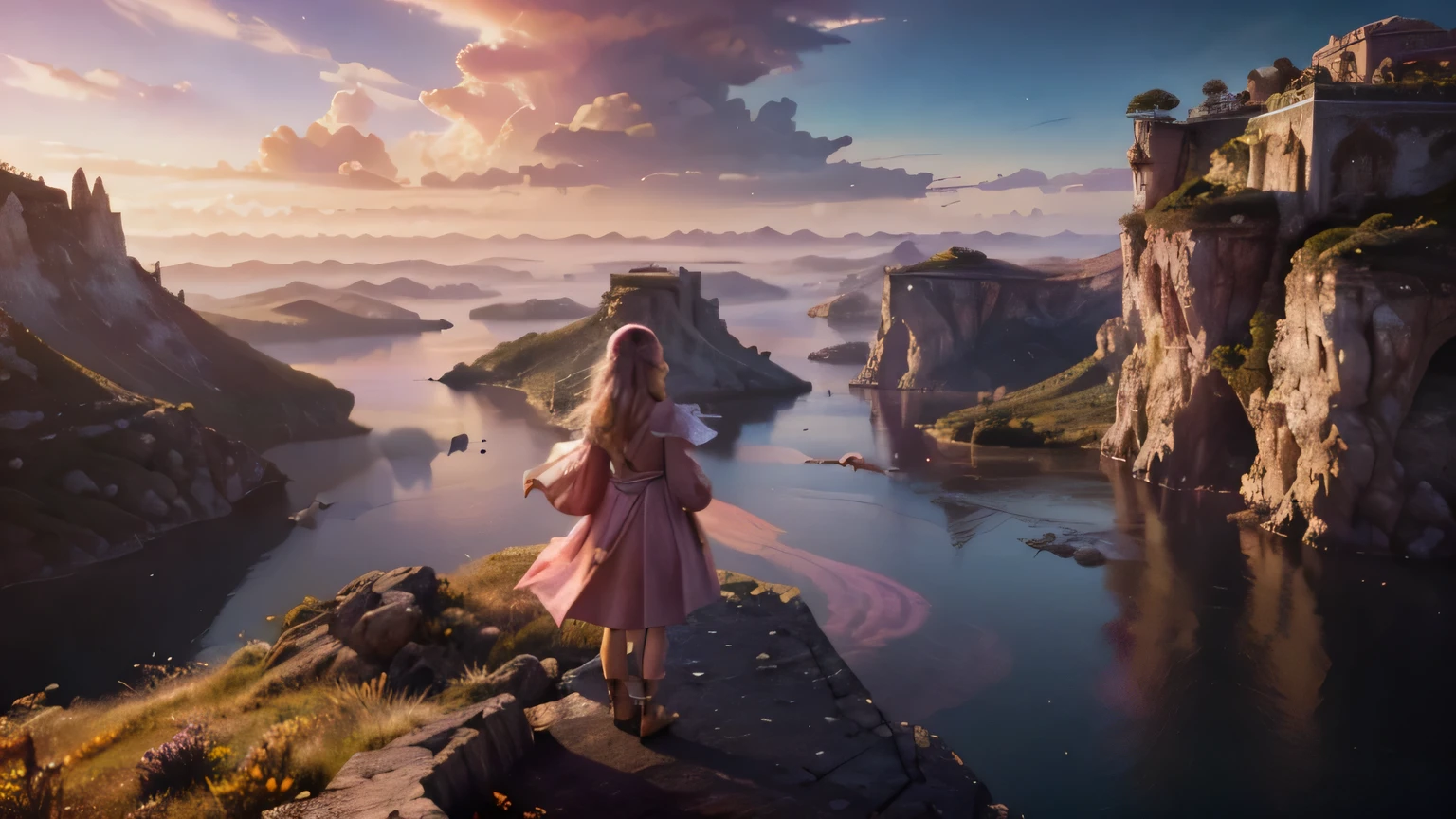 Elara, standing on a precipice, overlooking the mystical landscape, Eldoria's floating islands bathed in magical light, in hues of pink and amber, fantasy story, fantasy style, detailed face, 8k, sharp focus, beautiful and aesthetic, photography, cinematic, 8k, high detailed