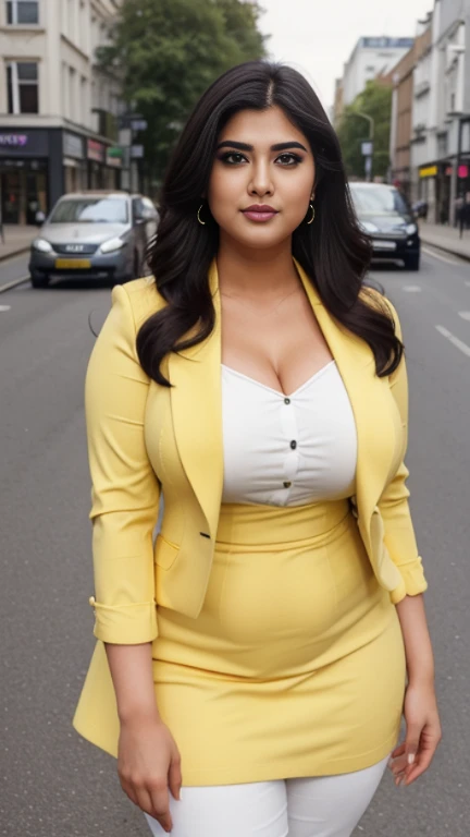 Srabanti Chatterjee beautiful bengali actress woman sexy curvy plus size model wearing yellow color Privé Lapel Collar Double Breasted Flap Detail Blazer & black jeans Dress, eye contact camera view, different standing position infront of camera, curvy plus size big hour glass bulky figure, big m-cup bulky huge breasts, different style hairstyle, bright eyes, thin eyebrows, fair skin, blushing cheeks, prefect head to thigh close up view, standing in middle of high road background and location, ultra realistic skin texture, head to thigh close up view, smile face