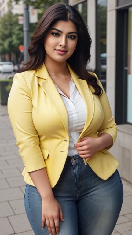 Srabanti Chatterjee beautiful bengali actress woman sexy curvy plus size model wearing yellow color Privé Lapel Collar Double Breasted Flap Detail Blazer & black jeans Dress, eye contact camera view, different standing position infront of camera, curvy plus size big hour glass bulky figure, big m-cup bulky huge breasts, different style hairstyle, bright eyes, thin eyebrows, fair skin, blushing cheeks, prefect head to thigh close up view, standing in middle of high road background and location, ultra realistic skin texture, head to thigh close up view, smile face