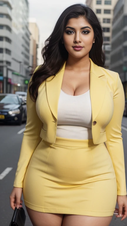 Srabanti Chatterjee beautiful bengali actress woman sexy curvy plus size model wearing yellow color Privé Lapel Collar Double Breasted Flap Detail Blazer & black jeans Dress, eye contact camera view, different standing position infront of camera, curvy plus size big hour glass bulky figure, big m-cup bulky huge breasts, different style hairstyle, bright eyes, thin eyebrows, fair skin, blushing cheeks, prefect head to thigh close up view, standing in middle of high road background and location, ultra realistic skin texture, head to thigh close up view, smile face