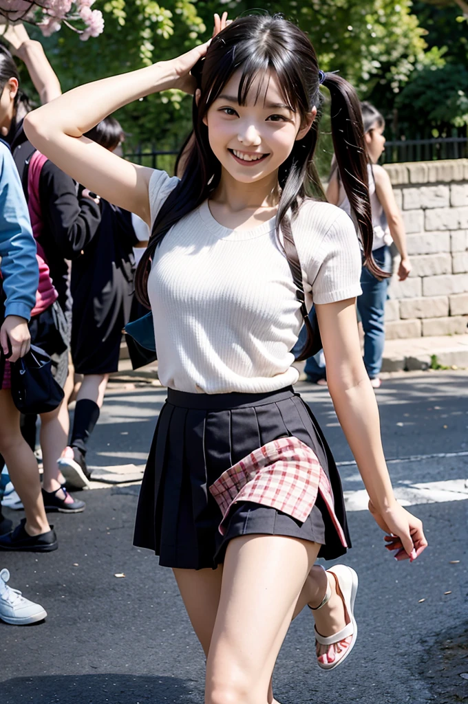masterpiece, highest quality, High resolution, 1 girl, Super High resolution, alone, legs open、Japan idle style, medium length hair, black hair cascades down the back, High school girl in uniform, Wearing a jumper skirt, medium meat, Radiant smile, commuting to school in a crowded crowd, beautiful, perfect skin shining in the sun, her young々Full body photo that captures the new essence.