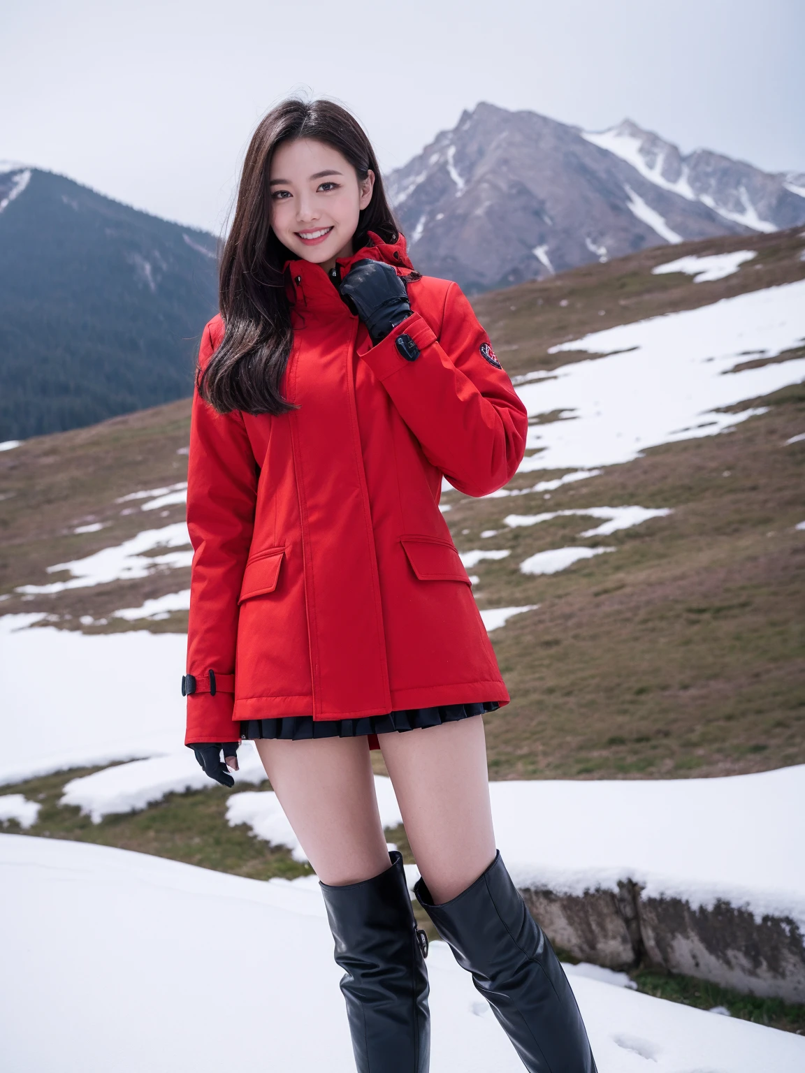 detailed,clear lines,best quality, master piece、on a snowy mountain、Canon Photo Crystal Clear ,（realistically:1.2）, (Red coat、black mini skirt)、White short boots、Sassy pose、Take a full body photo、A sloppy smile、Glamour body type、medium long hair