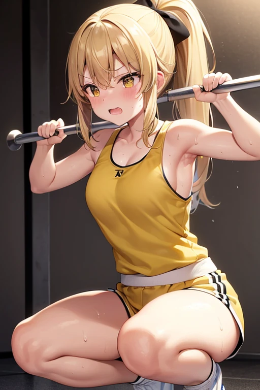 Marisa Kirisame, gym, yellow tank top, white shorts, sweat, high precision, highest quality, high image quality, pretty, cute, long blonde hair, yellow eyes, ponytail, small breasts, sweat dripping, showing teeth Laughing, training, exercise clothes, dynamism, white ribbon, holding one bar, exercise workout, sweating, carrying a barbell, grasping the bar with both hands, alone, squat