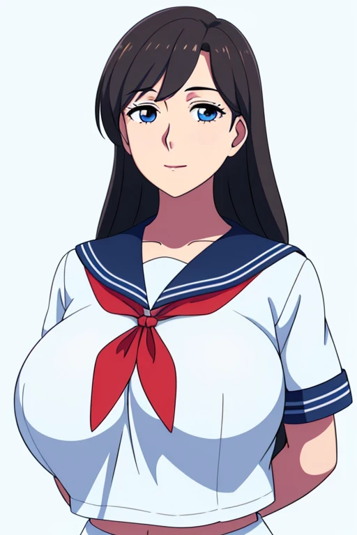 Simple White Background, Blue sailor collar,school uniform, serafuku, short sleeves, Red neckerchief,White shirt, blue eyes, brown hair,bangs,Long_hair, 1 girl, 20yo,Young female,Beautiful Finger,Beautiful long legs,Beautiful body, Beautiful Nose,Beautiful character design, perfect eyes, perfect face,expressive eyes,perfect balance, looking at viewer,(Focus on her chest),closed mouth, (innocent_big_eyes:1.0),(Light_Smile:0.3), official art,extremely detailed CG unity 8k wallpaper, perfect lighting,Colorful, Bright_Front_face_Lighting,White skin, (masterpiece:1.0),(best_quality:1.0), ultra high res,4K,ultra-detailed, photography, 8K, HDR, highres, absurdres:1.2, Kodak portra 400, film grain, blurry background, bokeh:1.2, lens flare, (vibrant_color:1.2),professional photograph, (Beautiful, gigantic tits:1.4), (beautiful_face),(narrow_waist)