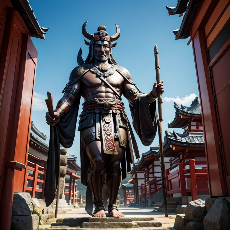 ((Masterpiece in maximum 16K resolution):1.6),((soft_color_photograpy:)1.5), ((Ultra-Detailed):1.4),((Movie-like still images and dynamic angles):1.3),((final showdown scene):1.1) | (Cinematic photo of a samurai facing a giant yokai monster at a temple), (cinematic lens), (samurai), (giant yokai), (shimmer), (tyndall effect), (visual experience), (Realism), (Realistic), award-winning graphics, dark shot, film grain, extremely detailed, Digital Art, rtx, Unreal Engine, scene concept anti glare effect, All captured with sharp focus.