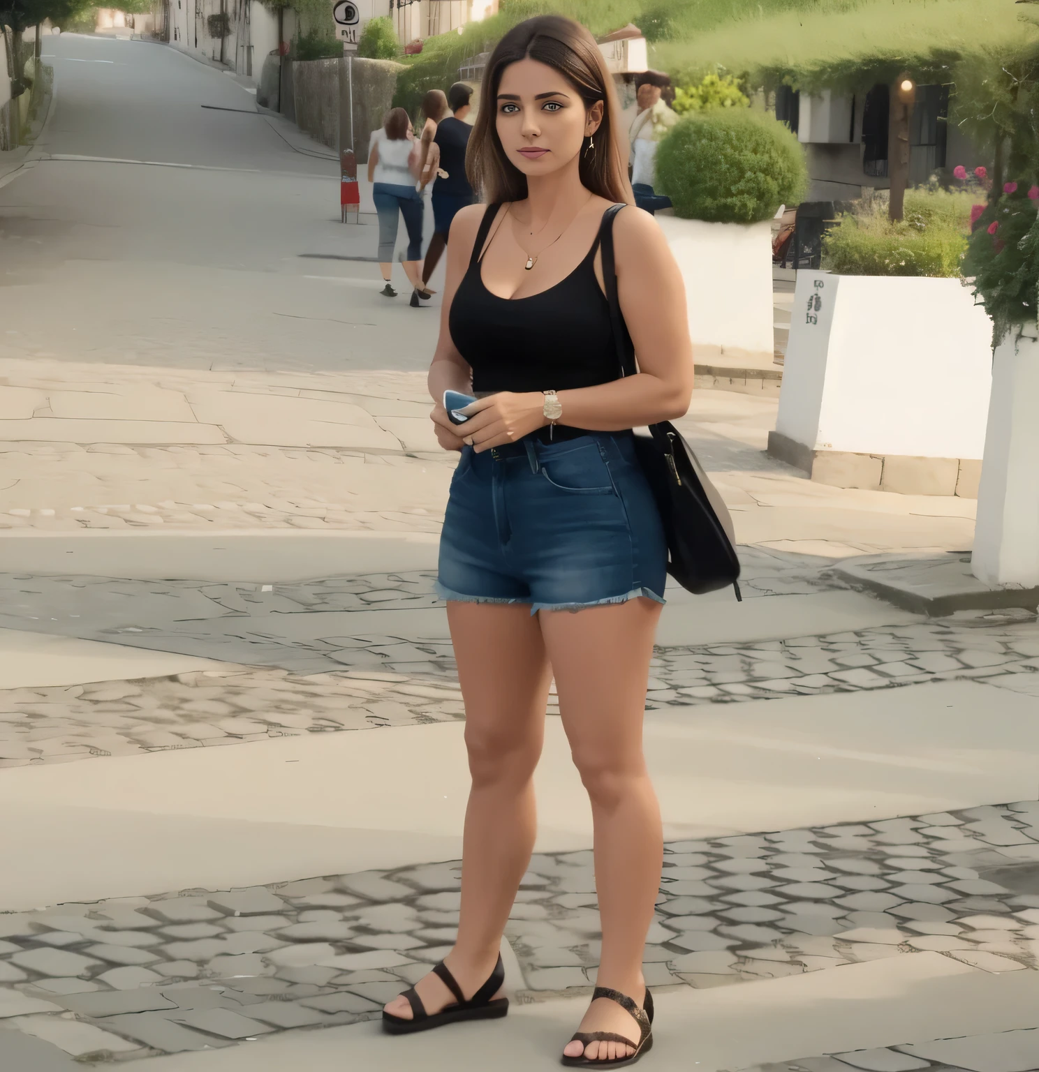 there is a woman standing on a cobblestone road with a cell phone, vestindo uma camiseta e shorts, vestida com top e shorts, mulher magra, pernas linda, vestindo uma regata e shorts, Mulher francesa de 30 anos, mulher de meados dos 30 anos. Mulher de 30 anos, mulher de 30 anos