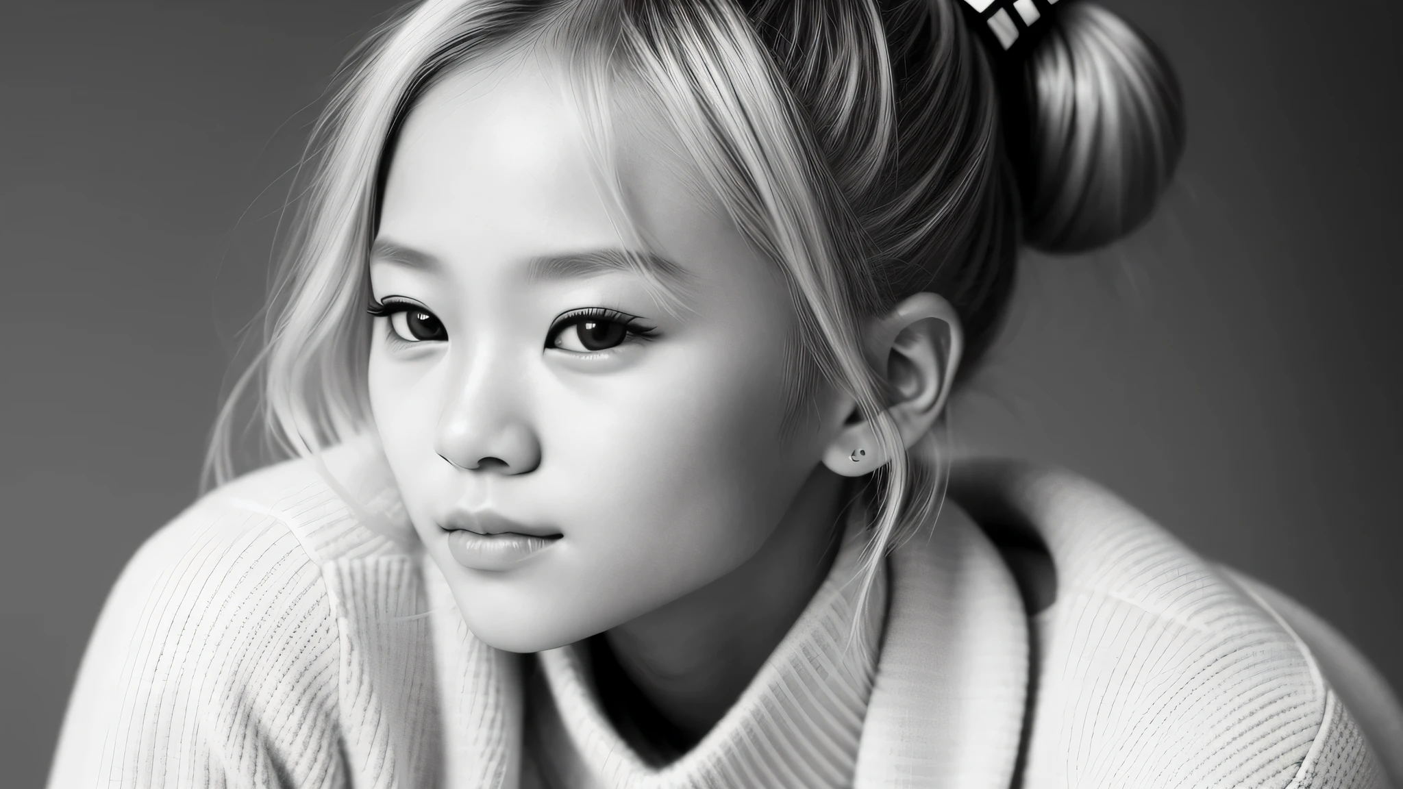 black and white photo of a girl kids blonde hair bun with a sweater on and glass, portrait black and white, close up portrait photo, black and white portrait, 1 3 5 mm nikon portrait, beautiful portrait photo, studio potrait, taejune kim, seseon yoon, jaeyeon nam, kids model, editorial KIDS portrait, high detail portrait photo,