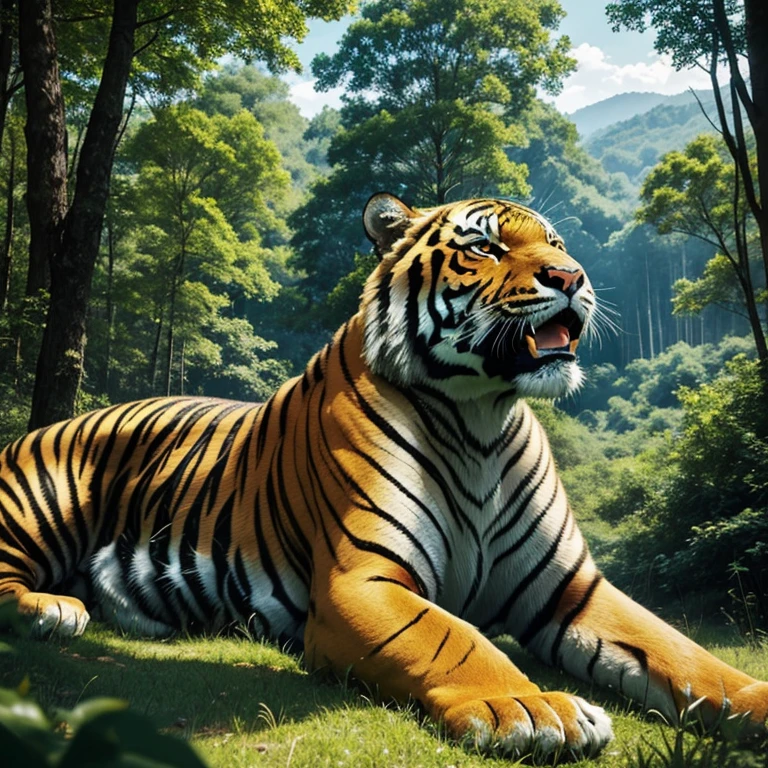 Big tiger in the green forest. The sky is blue, rich greenery all around.