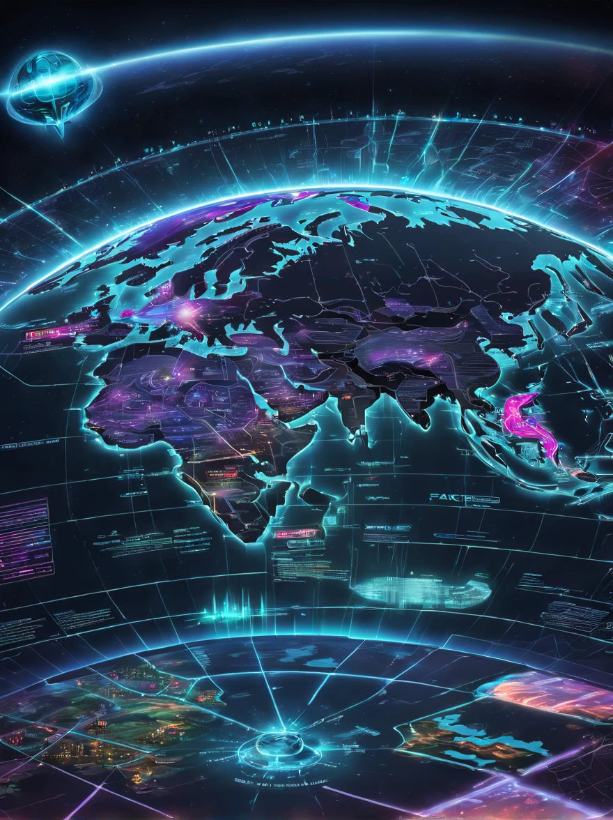 Future world electronic map，Electronic holographic projection map of alien high-tech civilization，light and shadow map，Cyberpunk world projection map