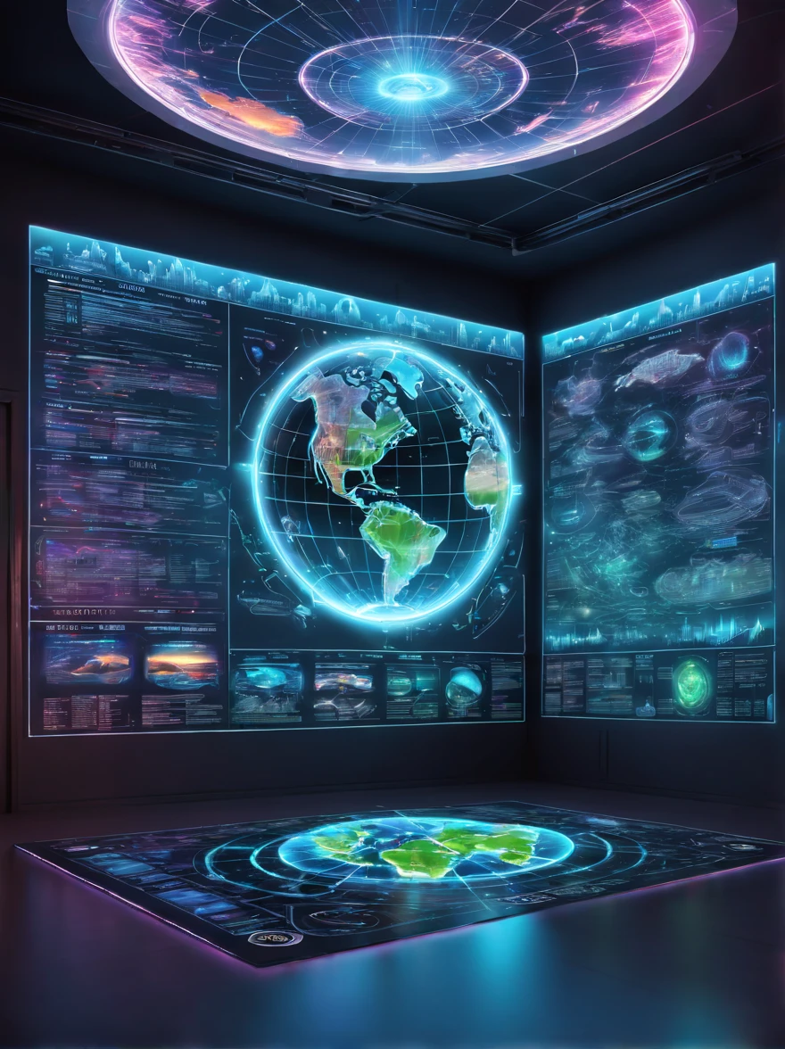 Future world electronic map，Electronic holographic projection map of alien high-tech civilization，light and shadow map，Cyberpunk world projection map